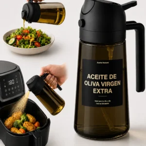 Demostración de la doble función del dispensador de aceite de oliva virtiendo en chorro continuo y pulverizando en bruma fina