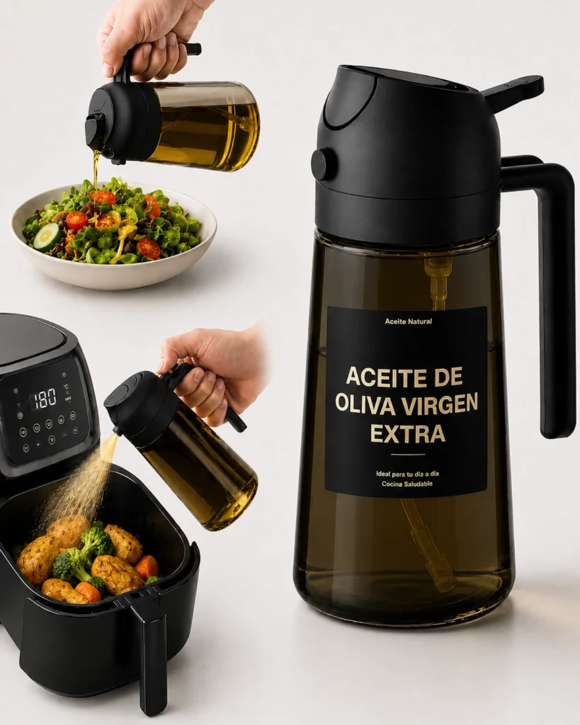 Demostración de la doble función del dispensador de aceite de oliva virtiendo en chorro continuo y pulverizando en bruma fina