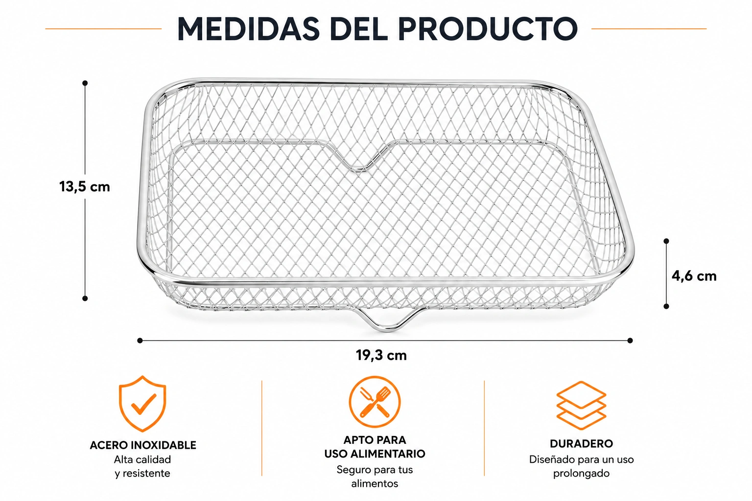 Diagrama técnico con las medidas en centímetros del estante para freidora de aire rectangular y apilable